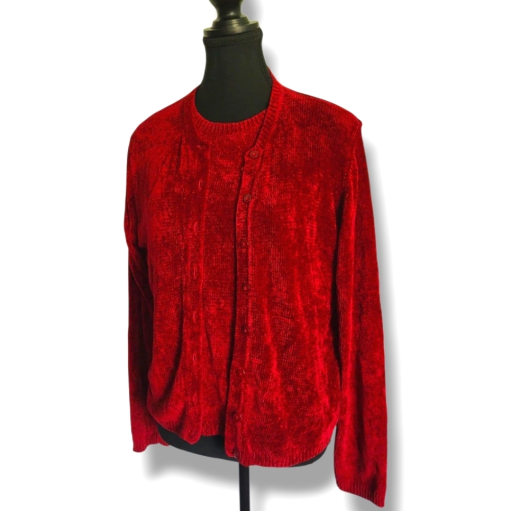 Vtg Chenille Twinset, St. Michael Marks & Spencer: Red Cardigan & Tee, Sz 8/10